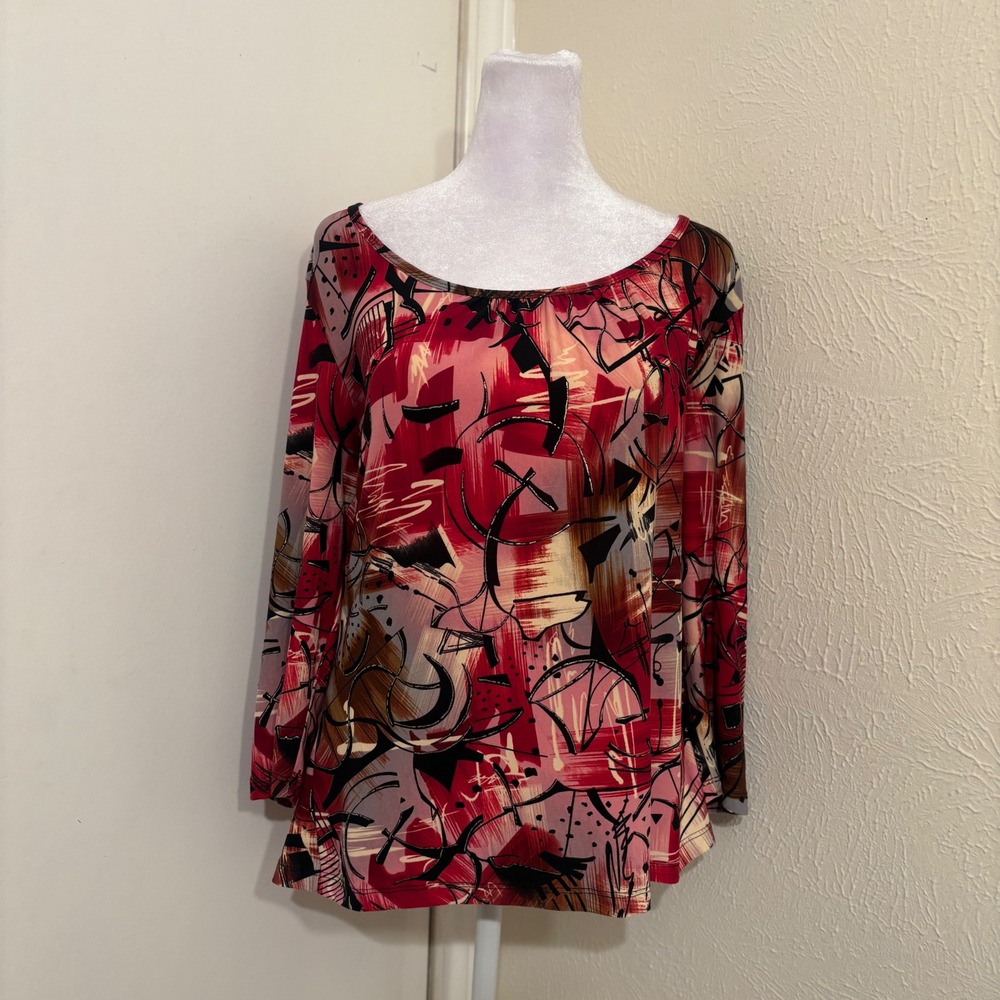 Red Abstract Geometric 3/4 Sleeve Scoop Neck Top Retro Funky Unique Artsy Size L